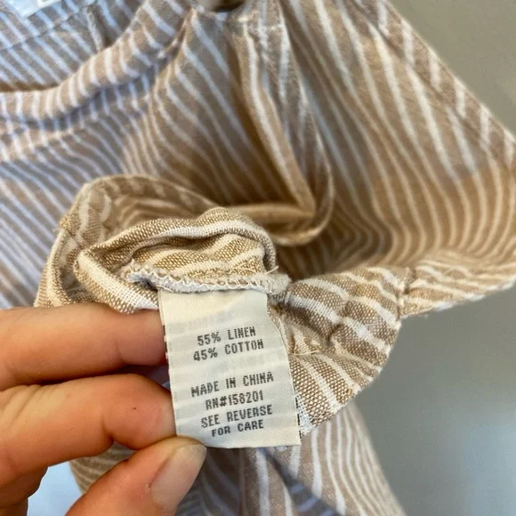 Cali 1850 Women Dress Large Beige White Stripe Overall Linen Blend Pockets Mini - Picture 4 of 5